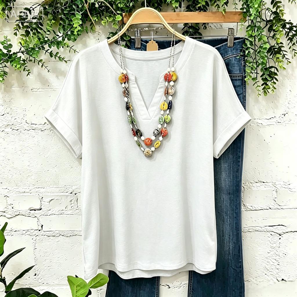 Women's Color V-Neck Short Sleeve Top, Cotton Linen Fabric, Casual Blouse for Summer, Soft and Breathable