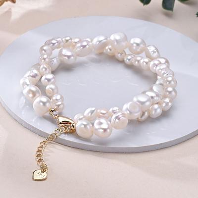 HENGSHENG Freshwater 5-6mm 8-9mm White Pearl Double Baroque Bracelet 925 Sterling Silver Fine Jewelry Gifts for Women Girls