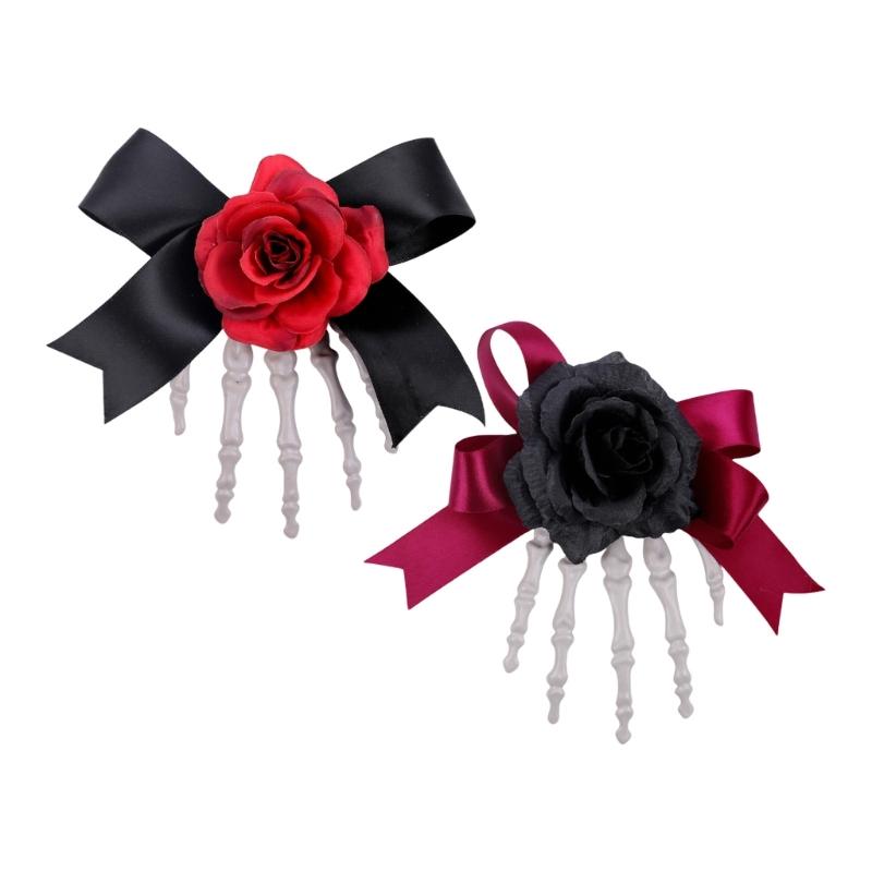 1pc Lightweight Gothic Skeleton Hand Hairpin Rose Design Secure Hold Accessories For Haunted Event