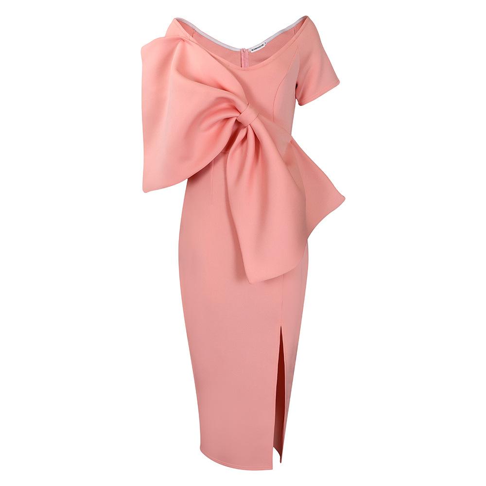 Large Size Women Summer Fashion Sexy Short Sleeves Bowknot Dress Ladies Elegant One Piece Solid Slit Long Dress