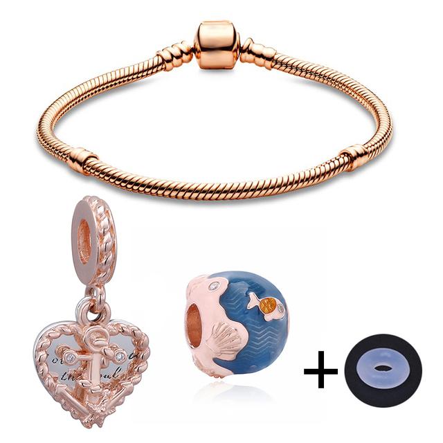 Classic Simple Charm Bracelets With Rose Gold Feather Love Heart Beads Bracelet Bangles For Women Jewelry