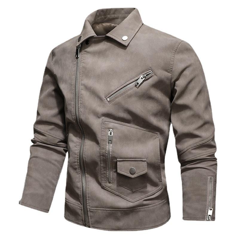 Men's PU Leather Jacket with Diagonal Zipper and Large Flip Collar Jacket