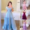 Women Maxi Dress Square Neck Elastic Bust Pleated Solid Color A-line Loose Patchwork Hem Short