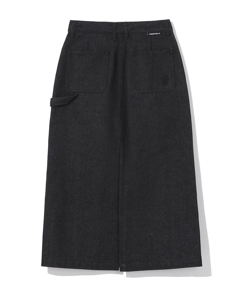 Vintril Sunday Fatigue Denim Long Skirt (Black)