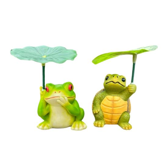 2 Pcs Umbrella Frog Garden Statue Cute Frog Turtle Holding Umbrella Figurine Resin Sculpture for Fish Tank Planter Pot Patio Pond Decor
