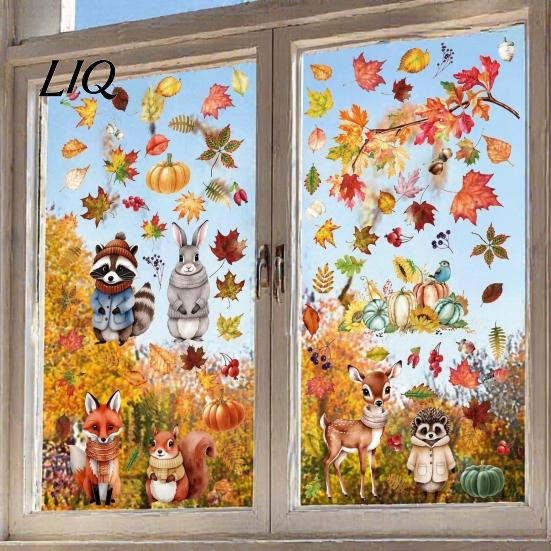 Easy Apply Thanksgiving Party Decor 9 Sheets Fall Woodland Animals Window Clings, Autumn Maple Leaf Pumpkin Removable Decals Squirrel Fox Rabbit Glass