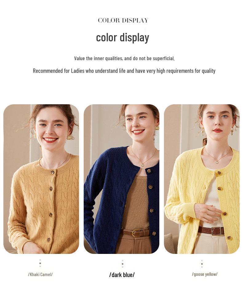 2023 A/W Women's Cashmere Cable Knit Cardigan: Versatile Round Neck Fashion Sweater