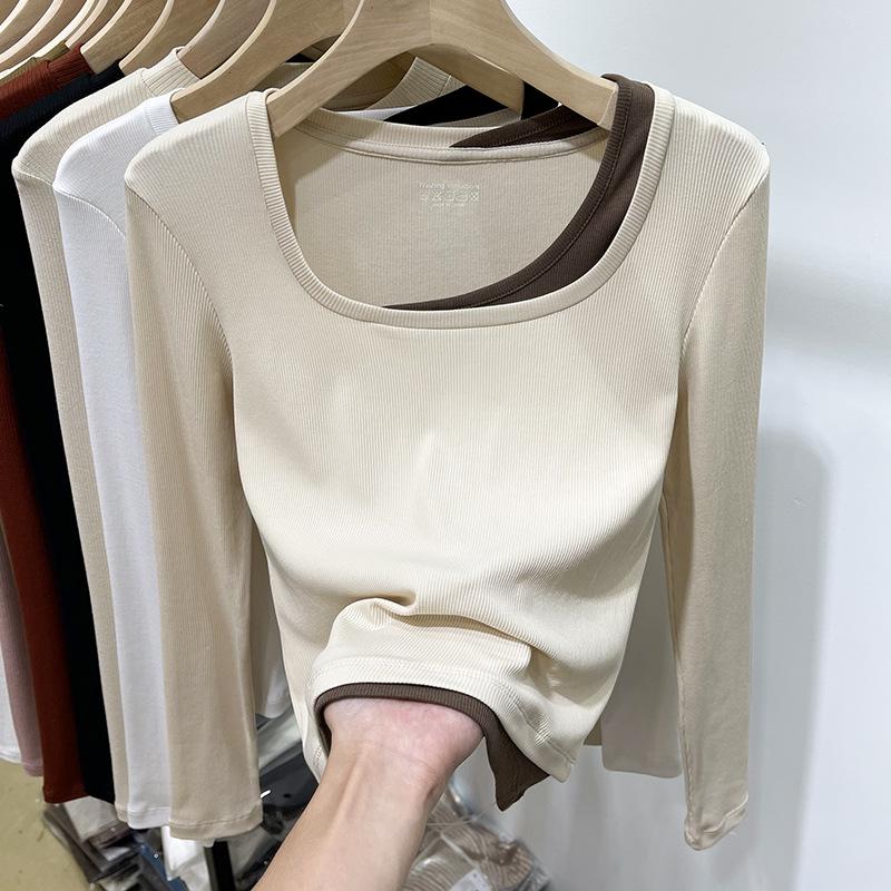Nischen-Western-Kontrastfarbe, gefälschtes zweiteiliges Langarm-T-Shirt mit quadratischem Ausschnitt und Unterteil für Frauen, europäisches, schlankes, kurzes Herbst- und Winteroberteil