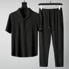 2Pcs/Set Men Casual Outfit Lapel Short Sleeve T-shirt Elastic Drawstring Waist Long Pants Set