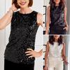 Women Vest Sequin Detail Glitter Tops Round Neck Sleeveless Loose Tank Tops Parties Dates Daily Wear