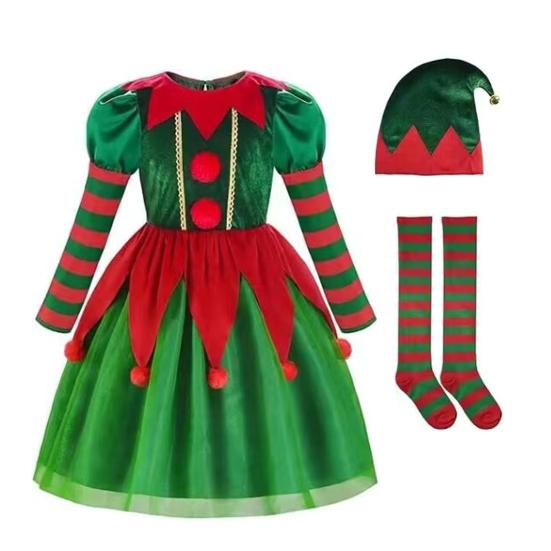 Christmas Elf Costume Set Boys Girls Festive Elf Outfit Kids Classic Red Green Elf Hat Stockings Set Dress-up Attire for Parties Cosplay Performance