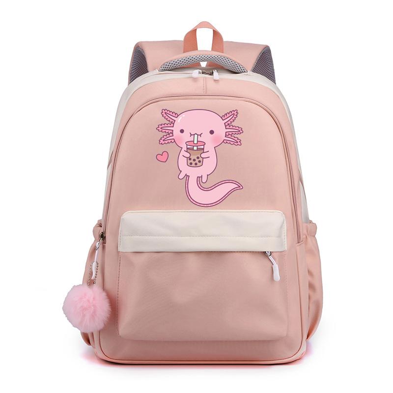 Cute Kawaii Axolotl Print Backpack for Boys and Girls Large Capacity Cartoon Schoolbag Zipper Travel Backpack