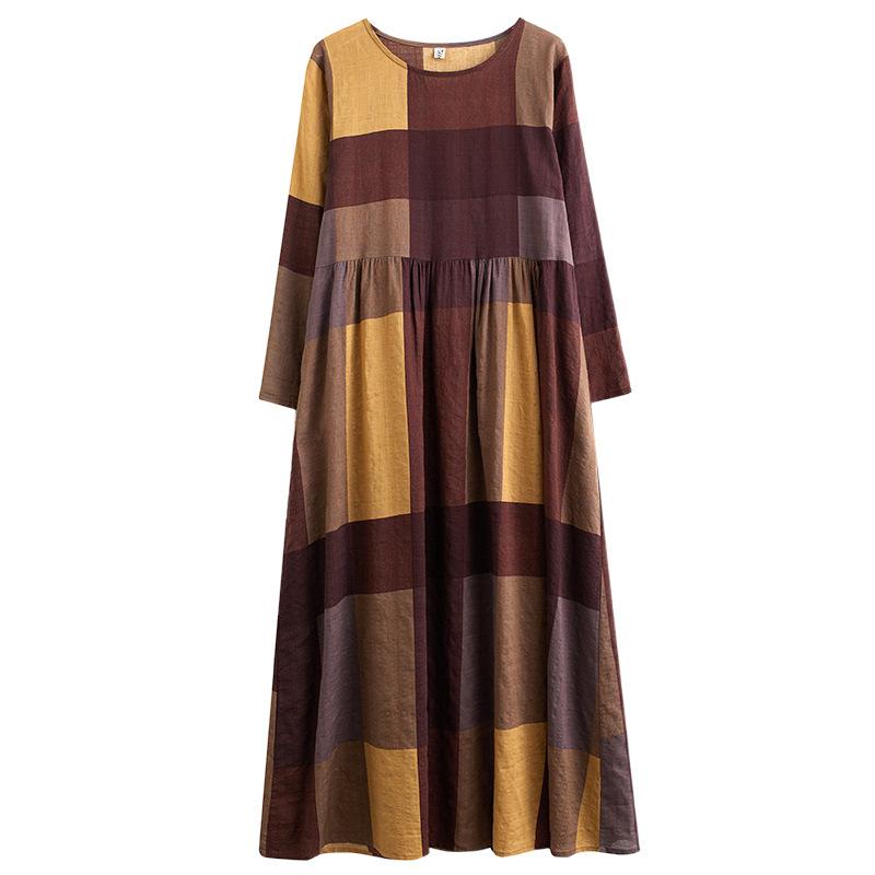 Autumn Cotton Linen Artistic Retro Loose Medium Long Dress for Women