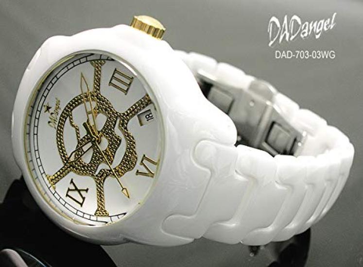 ENGEL PAPA Papa Engel Allergielinderung Luxus Vollkeramik Totenkopf Zifferblatt Uhr mit Kalender Japanisches Quarz Einfaches Armbandverstellwerkzeug Geschenk Weiß