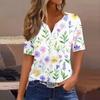 Women's Casual Printed V-Neck Short Sleeve Decorative Button T-Shirt Top