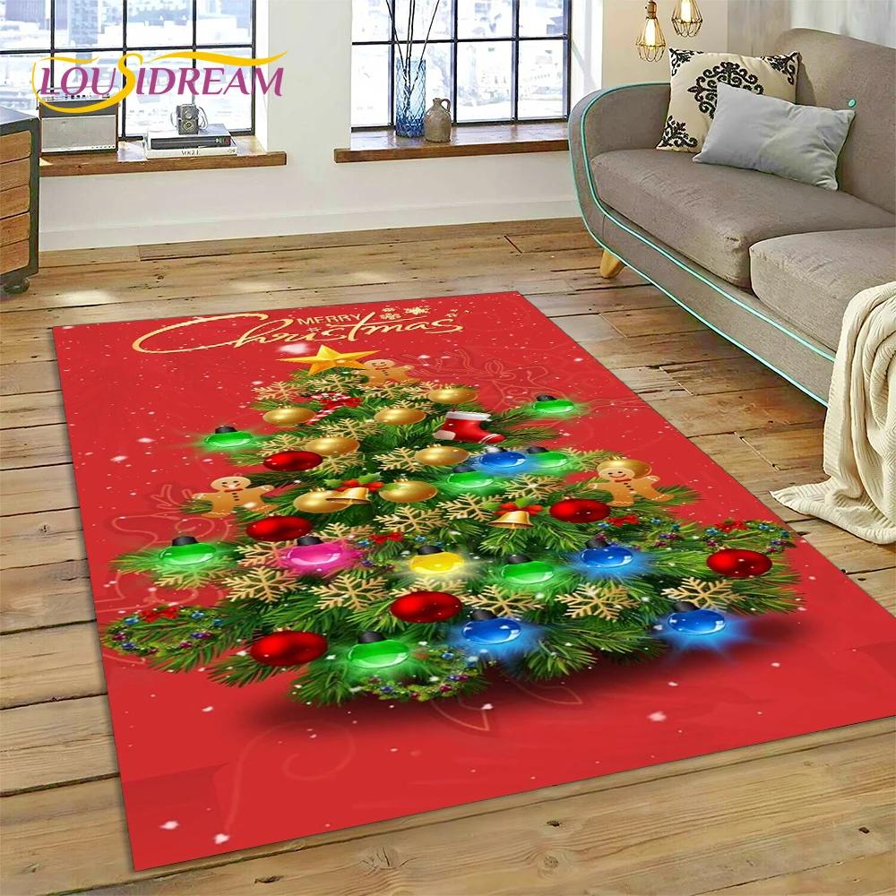 3D Fröhlicher Weihnachtsbaum Weihnachtsmann Cartoon Bereichsteppich Groß, Teppich für Zuhause Wohnzimmer Sofa Fußmatte Dekor, Kinder Rutschfeste Bodenmatte