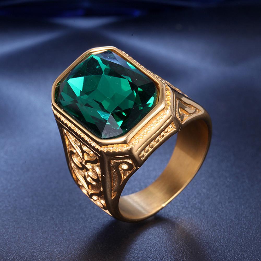 Big Square Blue Crystal Topaz Gemstones Diamonds Rings for Men Masculine Gold Filled Stainless Steel Bague Jewelry Finger Bands