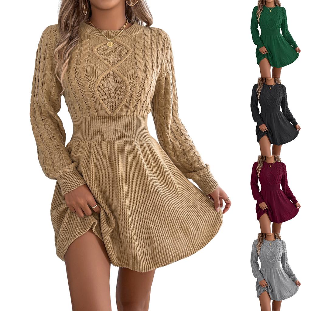 Modă Femei Casual Tricot Răsucit Mânecă Lungă Guler Rotund Rochie Culoare Solidă Fustă A-line Pulover cu Talie Cambrată