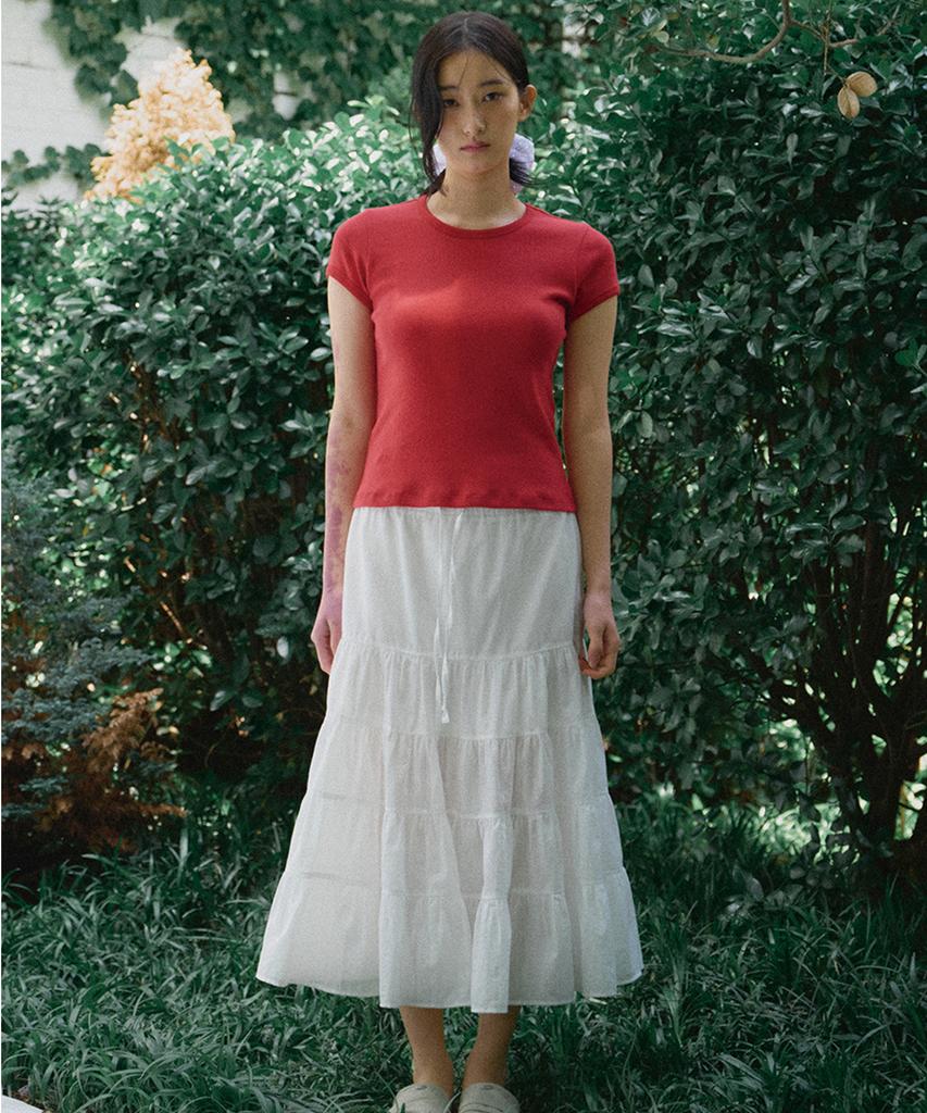 Ridge Shirred Long Tiered Skirt (Off-White)