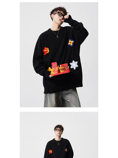 Men's Trendy Black American Floral Embroidered Crewneck Sweater – Autumn Loose Fit, Versatile Casual Top
