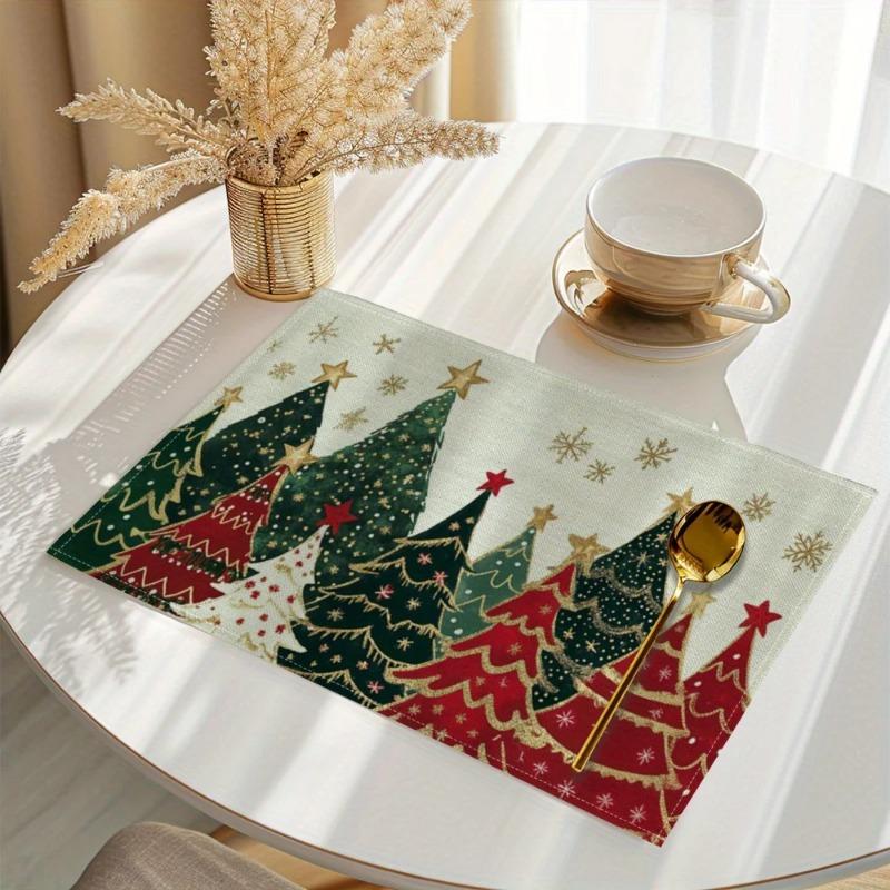 Christmas Tree Placemats Set of 4 Green Red Design Golden Stars Decor with Complete Knife Fork Spoon Cutlery Set Table Setting