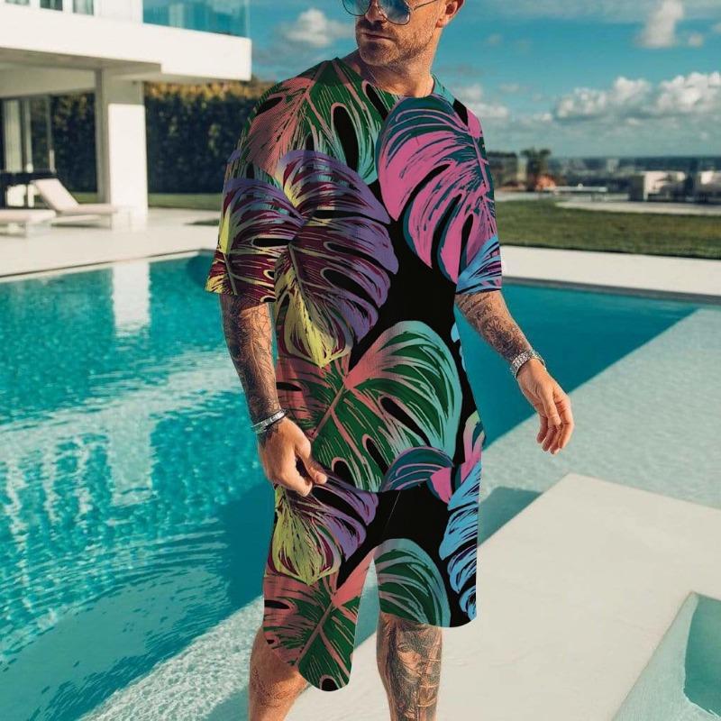Men's Hawaiian Full Print Suit Casual T-shirt Beach Pants Suit