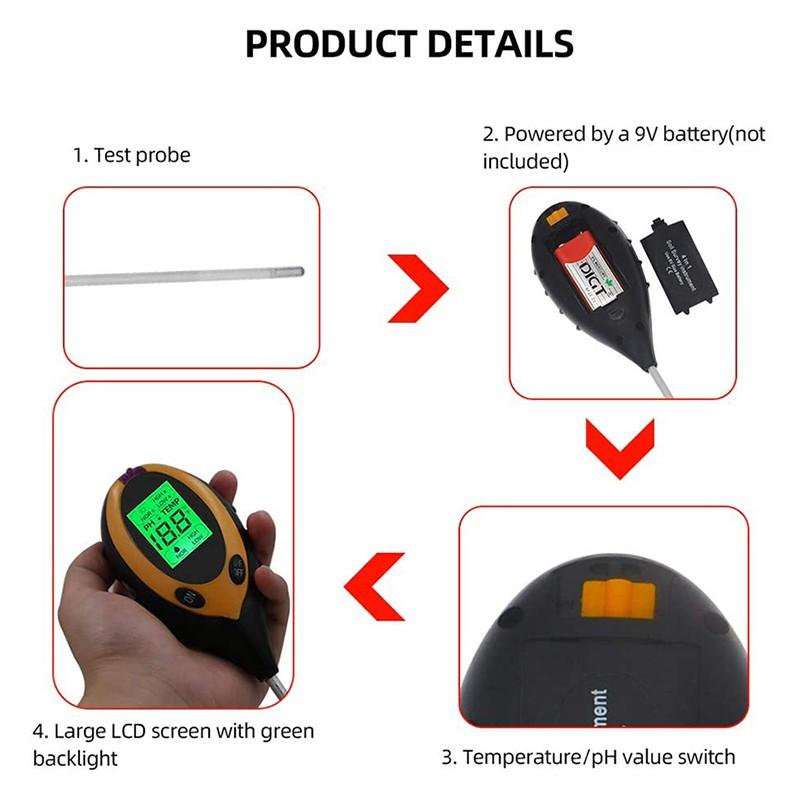 4-In-1 Digital PH Moisture Soil Meter Soil Temperature Humidity Moisture Measurement Environmental Sunlight Measuring Detector