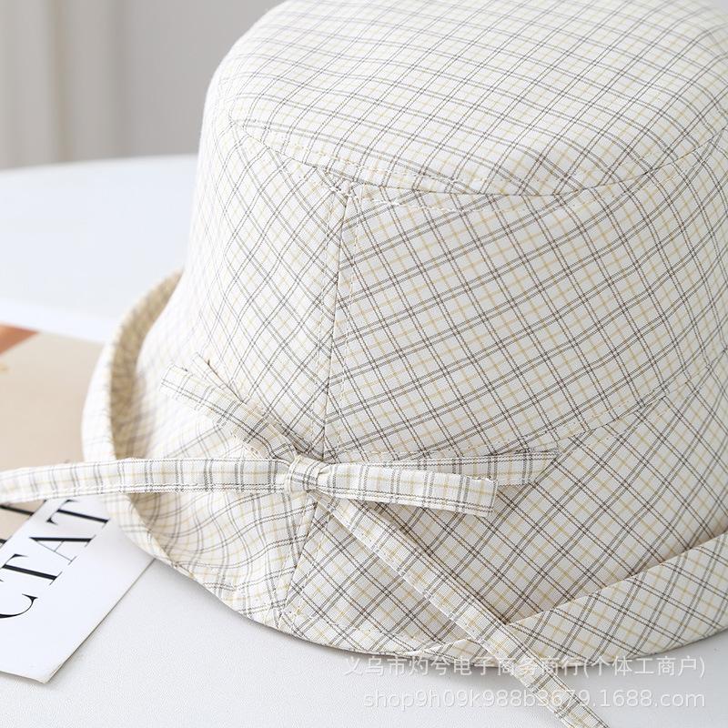 Korean Ins Sweet Navy Blue Plaid Bucket Hat Women's Summer Bow Big Eaves Versatile Face Small Sunshade Basin Hat