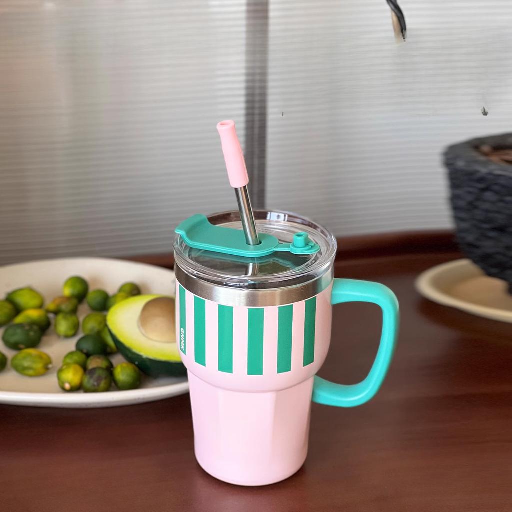 New Ins Suction Straw Thermos Cup Girls High Appearance Level Large Capacity Water Cup Office Stainless Steel Coffee Cup