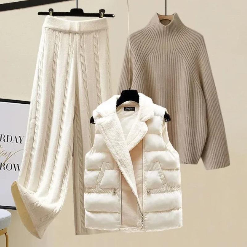 Damtjock Väst Turtleneck Stickad Tröja Vida Byxor Tre-delad Höst Vinter Kostym