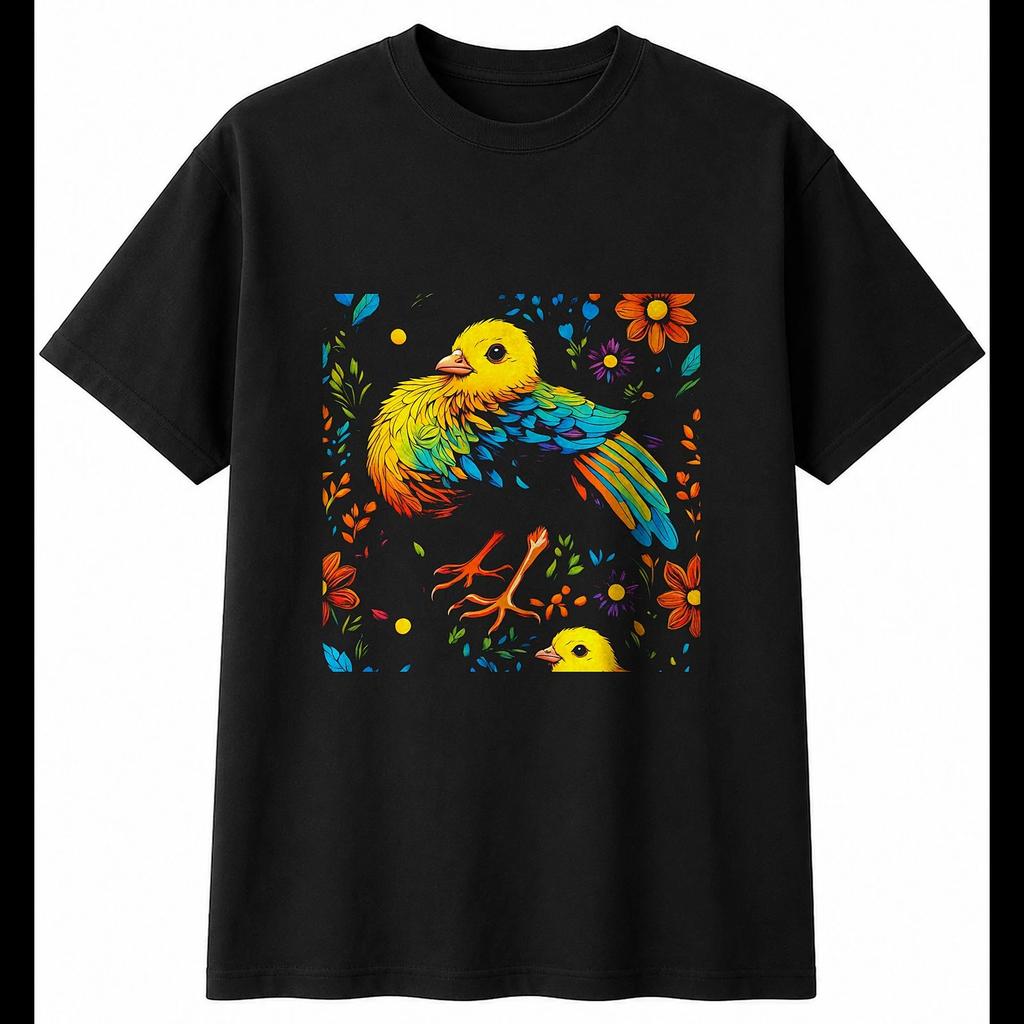 Colourful Chick with Flowers Chicken Cute Mens T-Shirt Black 100% Cotton Printed