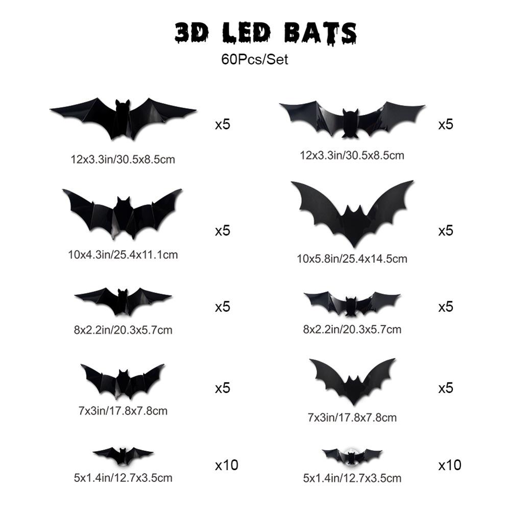72-12PCS Halloween Bats Decorations 3D Black Bats Wall Stickers Scary Glowing Bat Decor Props Bar Room Halloween Party DIY Decor
