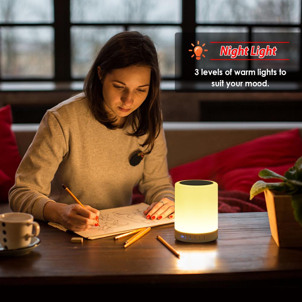 Night Light with Bluetooth Speaker Portable Wireless TF Card Alarm Clock Bluetooth Speaker Touch Control Color LED Bedside Table Lamp