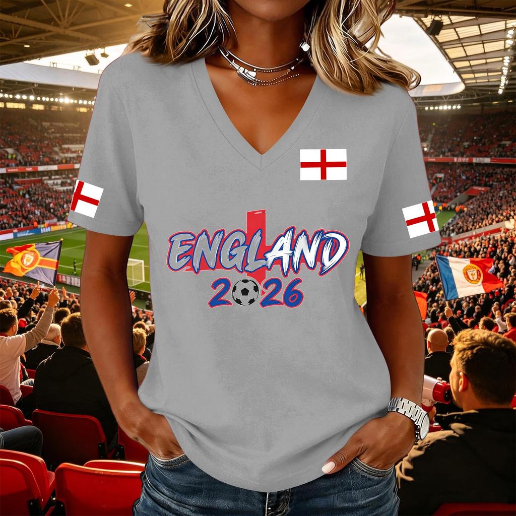 Women's Casual V Neck Short Sleeve Pullover Top Soccer Supporter Tee England Flag Print Lightweight Comfortable Fit