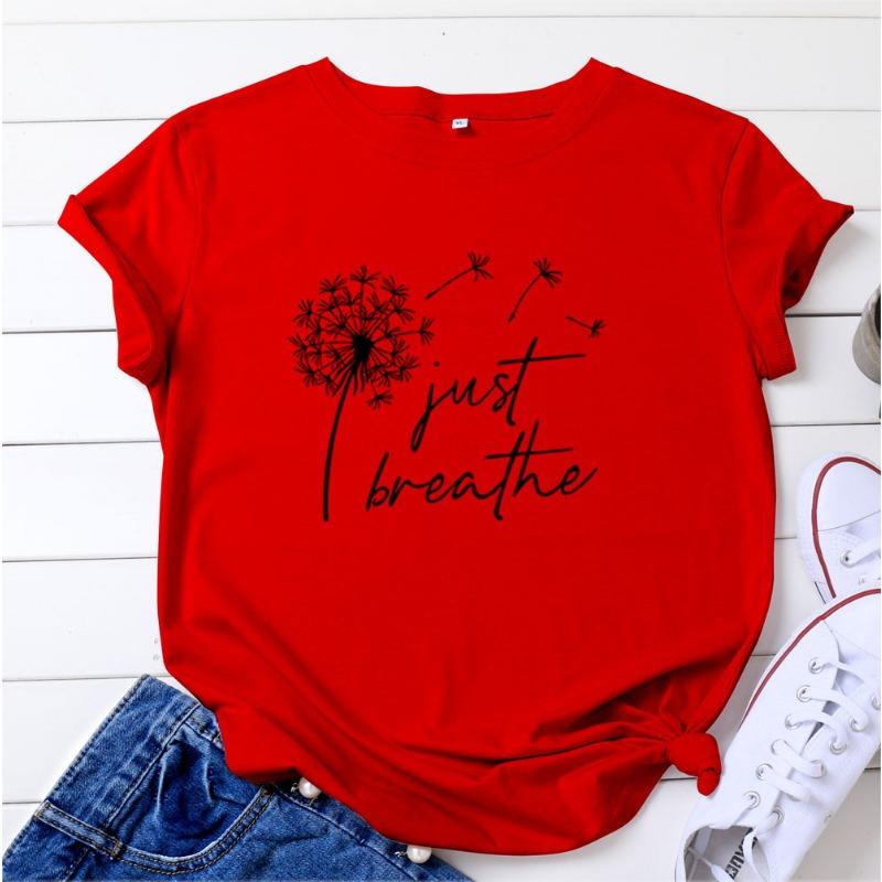 Summer Round Neck Just Breathe Letter Printed Top Fashionable Casual Short Sleeved Women's Pure Cotton T-shirts