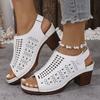 Summer Women's Fashion High Heels, Solid Color Large Size Open Toe Sandals, Adjustable Back Strap Shoes with Hollow Carving Design