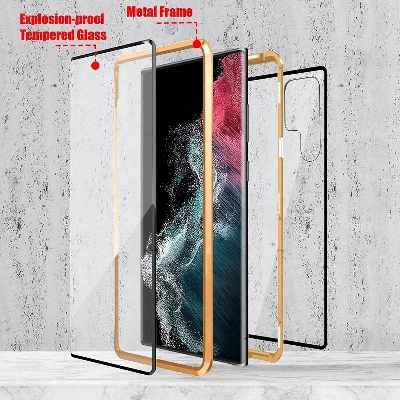 Fém Mágneses Tok Samsung Galaxy A56 A36 S22 S23 FE S24 S25 Ultra Pluszhoz Kétoldalas Üveg Adszorpciós Edzett Üveg Borító
