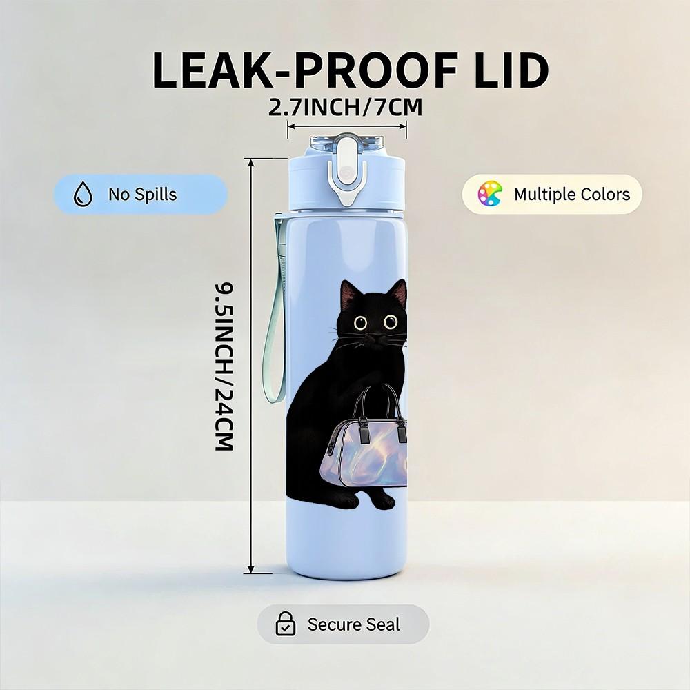 1PC Black Cat Carrying Shopping Bag 750ml Color Plastic Sports Water Bottle Leakproof Flip Straw Lid Suitable for Sports Office Home Use