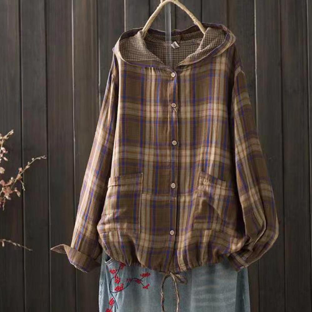 Large Size Blouses for Women Autumn Spring Hooded Long Sleeve Single-breasted Shirts Adjustable Women's Clothing