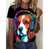 Dog Print Crew Collar T-shirt with Headphones, Casual Short Sleeve Top For Spring & Summer, Women's Clothing