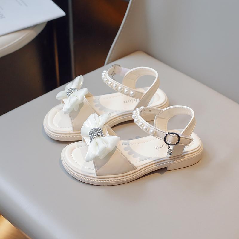 Girls Sandals Versatile Bow with Rhinestones Children Casual Shoes 2024 New Simple Pearls Fashion Princess Shoes Kids Flats PU