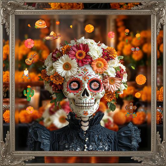 Durable Sunproof Glass Stickers Day of The Dead Window Clings, Halloween Double-Sided Skull Sticker, Ethnic Pattern Wall Art Colorful Flower Skeleton