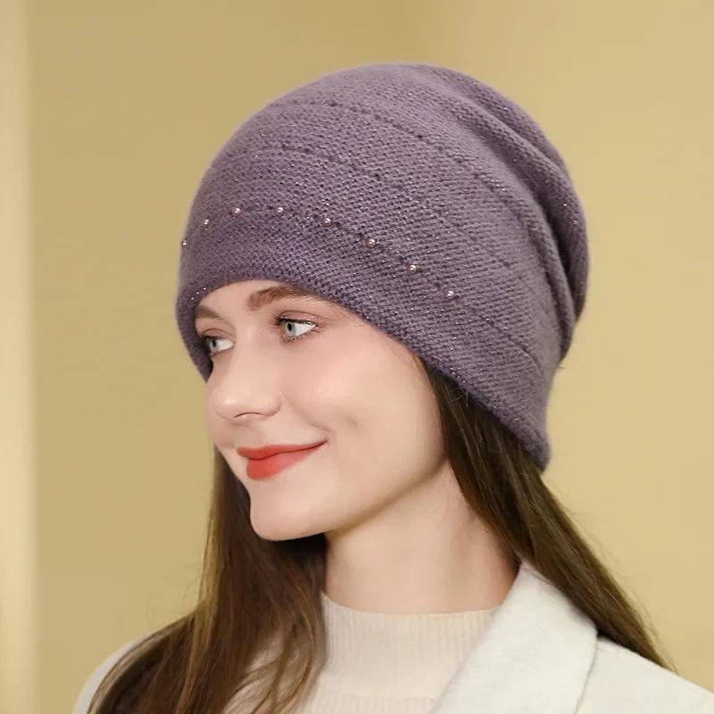 Fashion New Arrival Pearl Knitted Hat for Women Winter Warm Beanies Casual Cap Solid Color Knitted Beanie