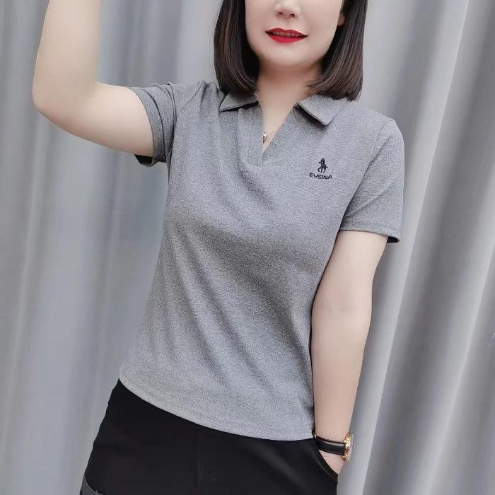 YYFS Women's Fashion Casual Summer Spring Solid Color Print Short Sleeve POLO Neck Blouses & Shirts