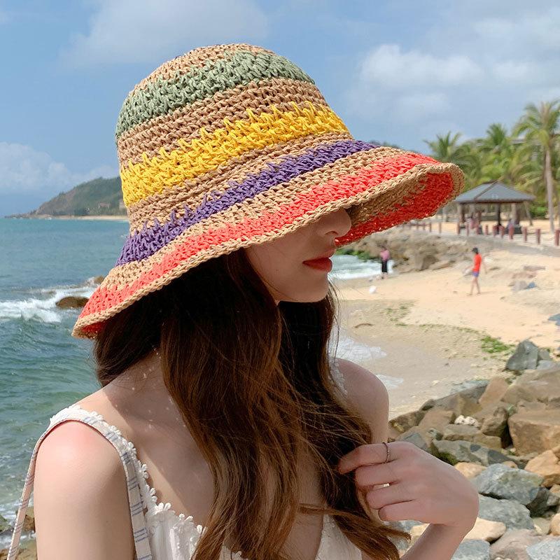 Handmade Women's Foldable Bohemian Seaside Rainbow Color Block Bucket Hat, Sun-shading and Face-slimming Trendy Hat