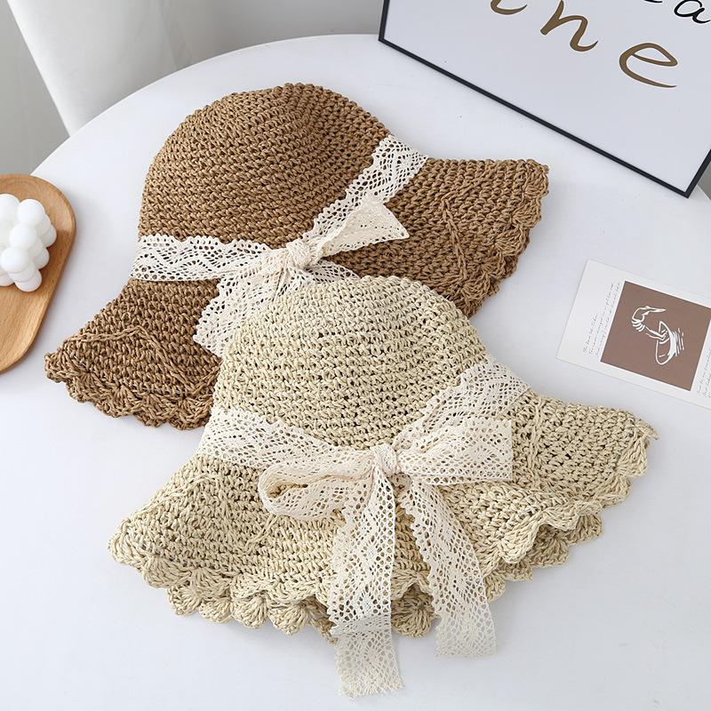 New Summer Beach Hat For Women Popular Wide Brim Straw Bucket Hat With Lace Butterfly Female Outdoor Sunscreen Cap Party Gift