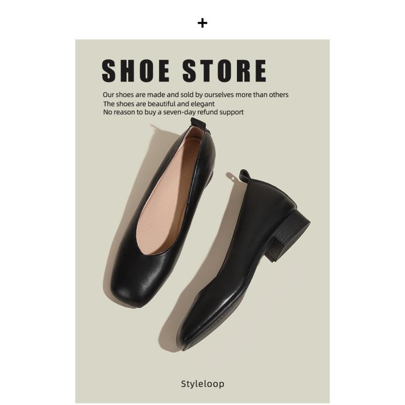 Single Shoes Women's New Low Heel Thick Heel Inner Height Increase Fairy Soft Leather Square Head Beanie Shoes Women's Small Size 3233
