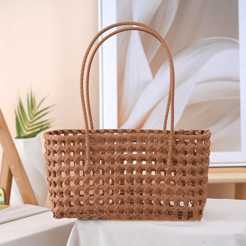 Handmade Plastic Hollow Weave Bag Countryside Style Large Capacity Beach Tote Bag Bucket Bag Woman Handbag Summer Beach Bag
