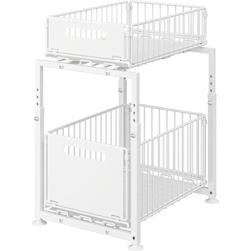 SVOHZAV Rangement Sous-Évier, Coulissant 2 Niveaux, Hauteur Réglable, Gain de Place, Organisation Sous-Cuisine, 29 cm de Large, Rangement Condiments (Blanc, 29cm Larg