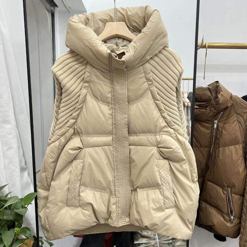 Winter Women White Duck Down Sleeveless Warm Puffer Jacket Casual Loose Knitwear Patchwork Vest Hooded Waistcoat